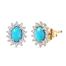 D'Joy Sleeping Beauty Turquoise & White Zircon Cabochon Halo Stud Earring with Push Back in Platinum Overlay Sterling Silver 1.50 Ct.
