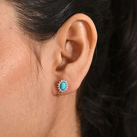 D'Joy Sleeping Beauty Turquoise & White Zircon Cabochon Halo Stud Earring with Push Back in Yellow Gold Plated Sterling Silver 1.51 Ct.