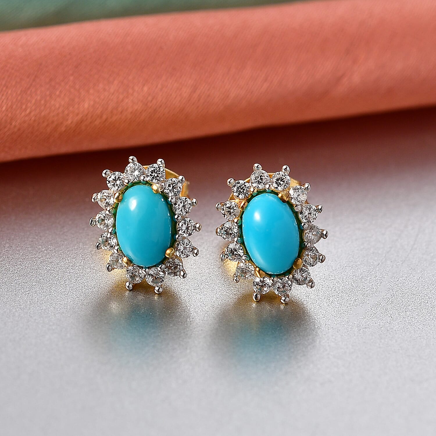 D'Joy Sleeping Beauty Turquoise & White Zircon Cabochon Halo Stud Earring with Push Back in Yellow Gold Plated Sterling Silver 1.51 Ct.