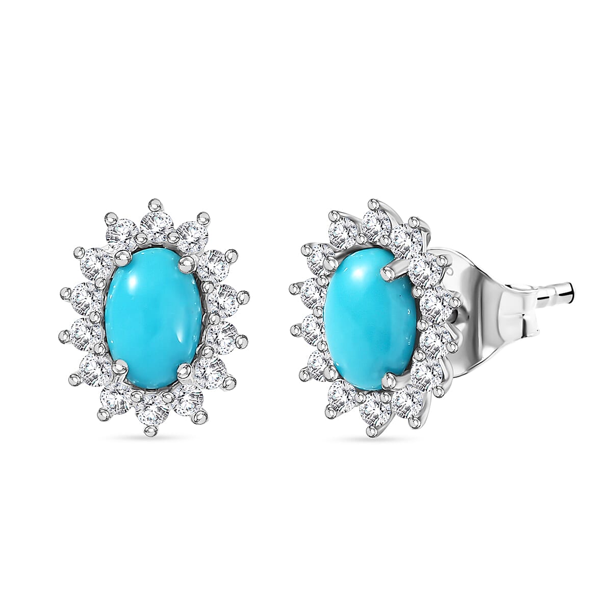 D'Joy Sleeping Beauty Turquoise & White Zircon Cabochon Halo Stud Earring with Push Back in Platinum Overlay Sterling Silver 1.50 Ct.