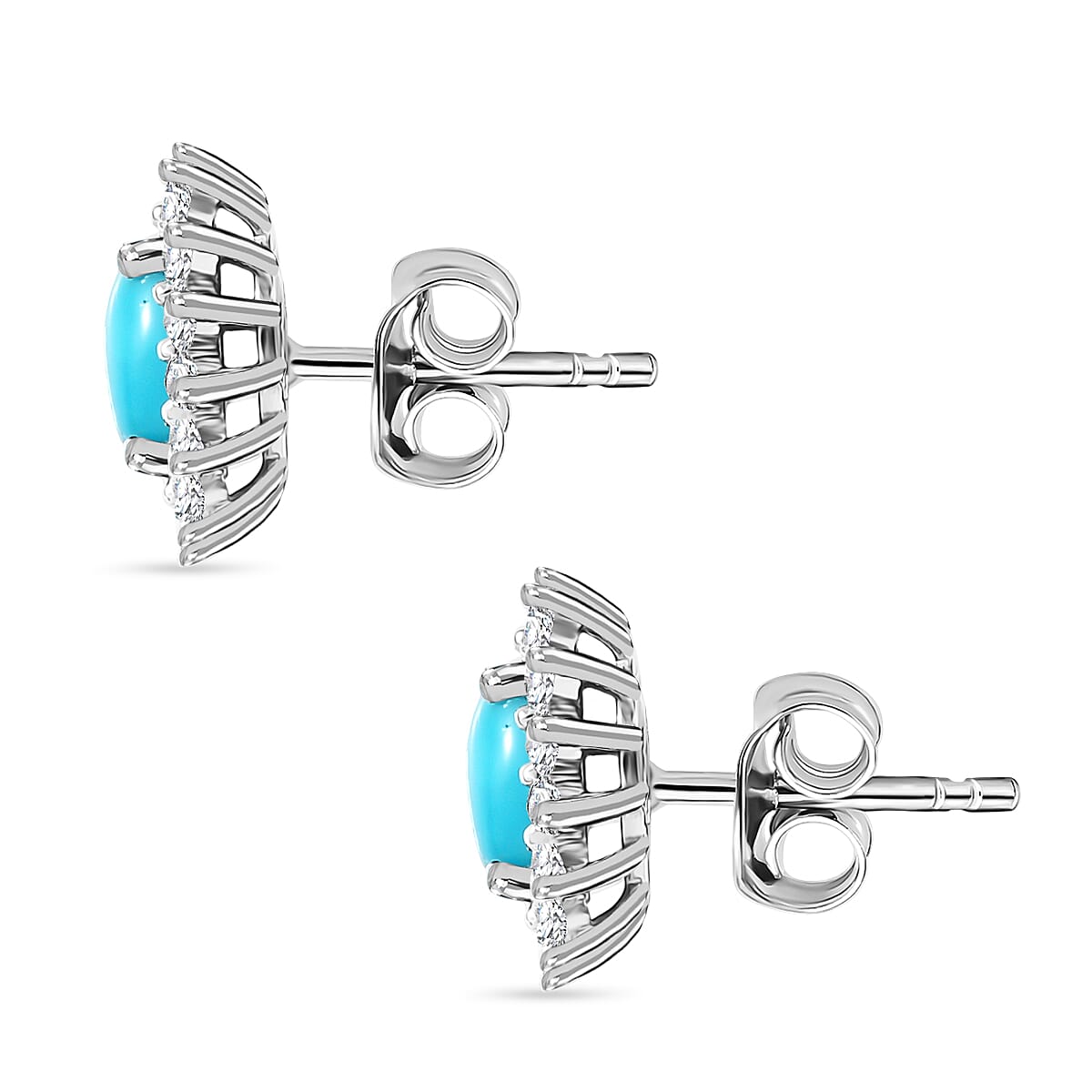 D'Joy Sleeping Beauty Turquoise & White Zircon Cabochon Halo Stud Earring with Push Back in Platinum Overlay Sterling Silver 1.50 Ct.