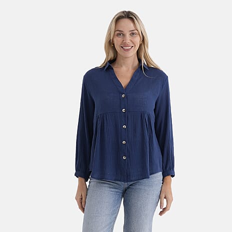 - Maisi Open V-Collar Peplum Blouse (Size M, Fit 12 To 14) - Navy Blue