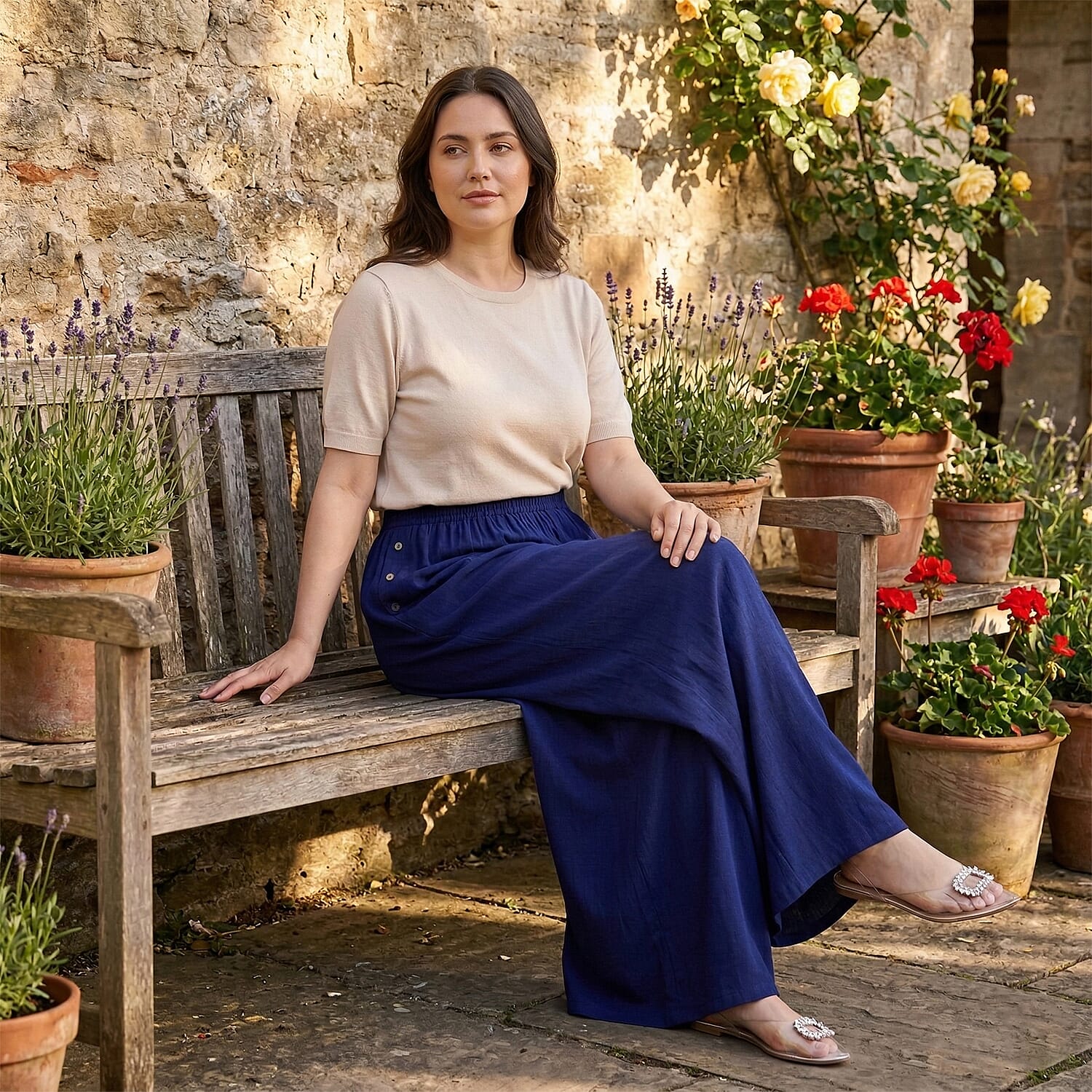 - Maisi Flared Wide-Leg Trousers with Elasticated Waist (One Size) - Blue