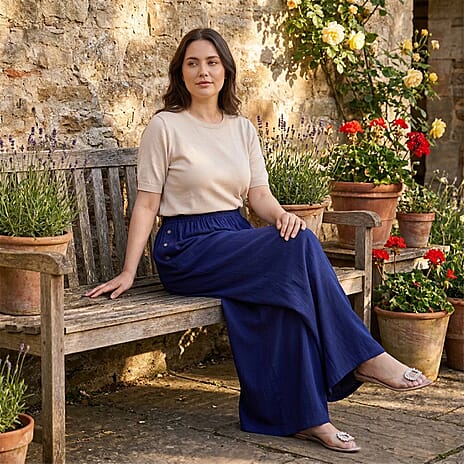 - Maisi Elasticated Waist Wide Leg Flared Trousers (One Size) - Blue