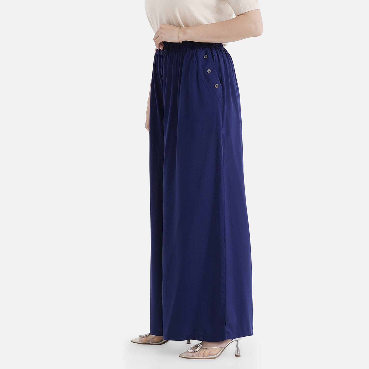 - Maisi Flared Wide-Leg Trousers with Elasticated Waist (One Size) - Blue