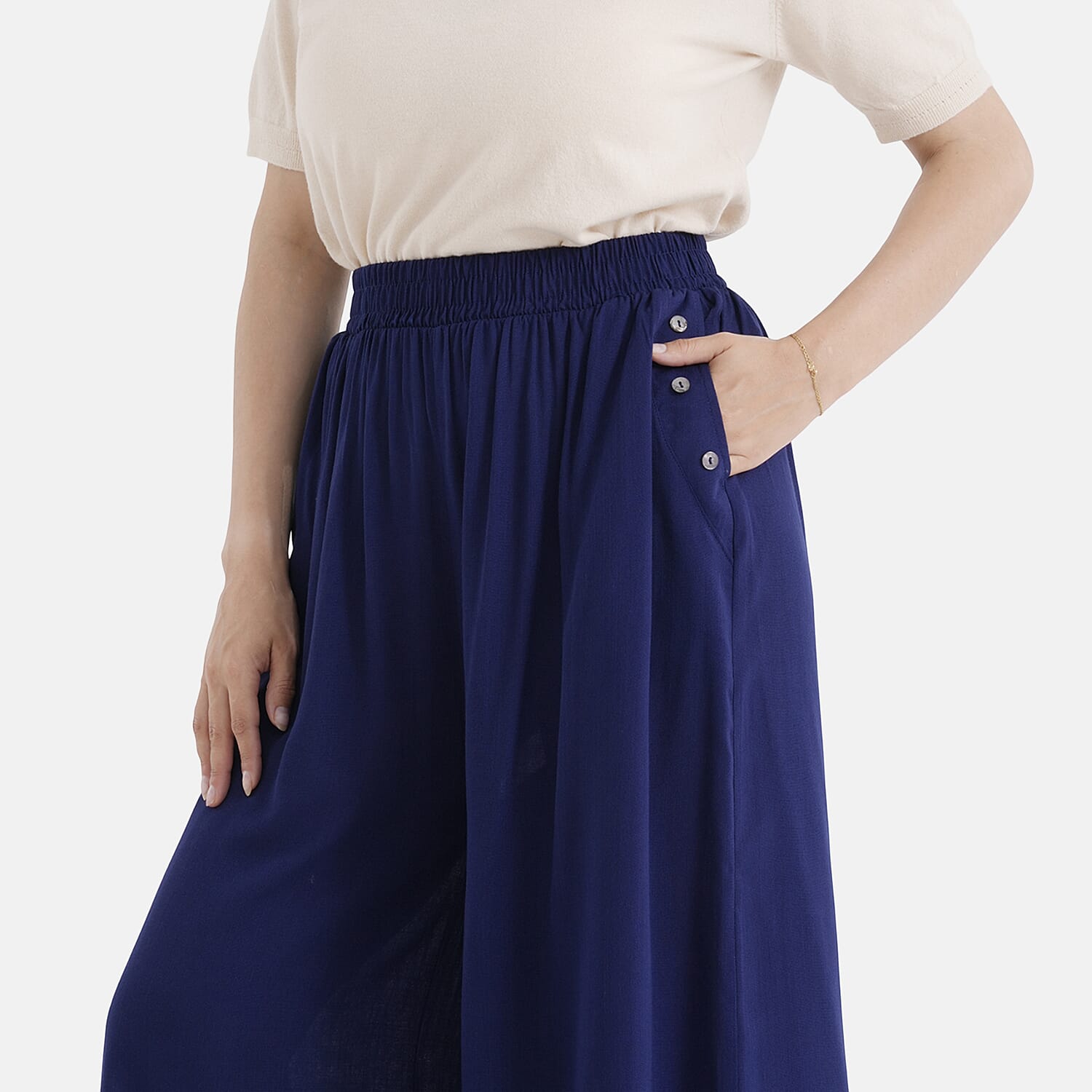 - Maisi Flared Wide-Leg Trousers with Elasticated Waist (One Size) - Blue