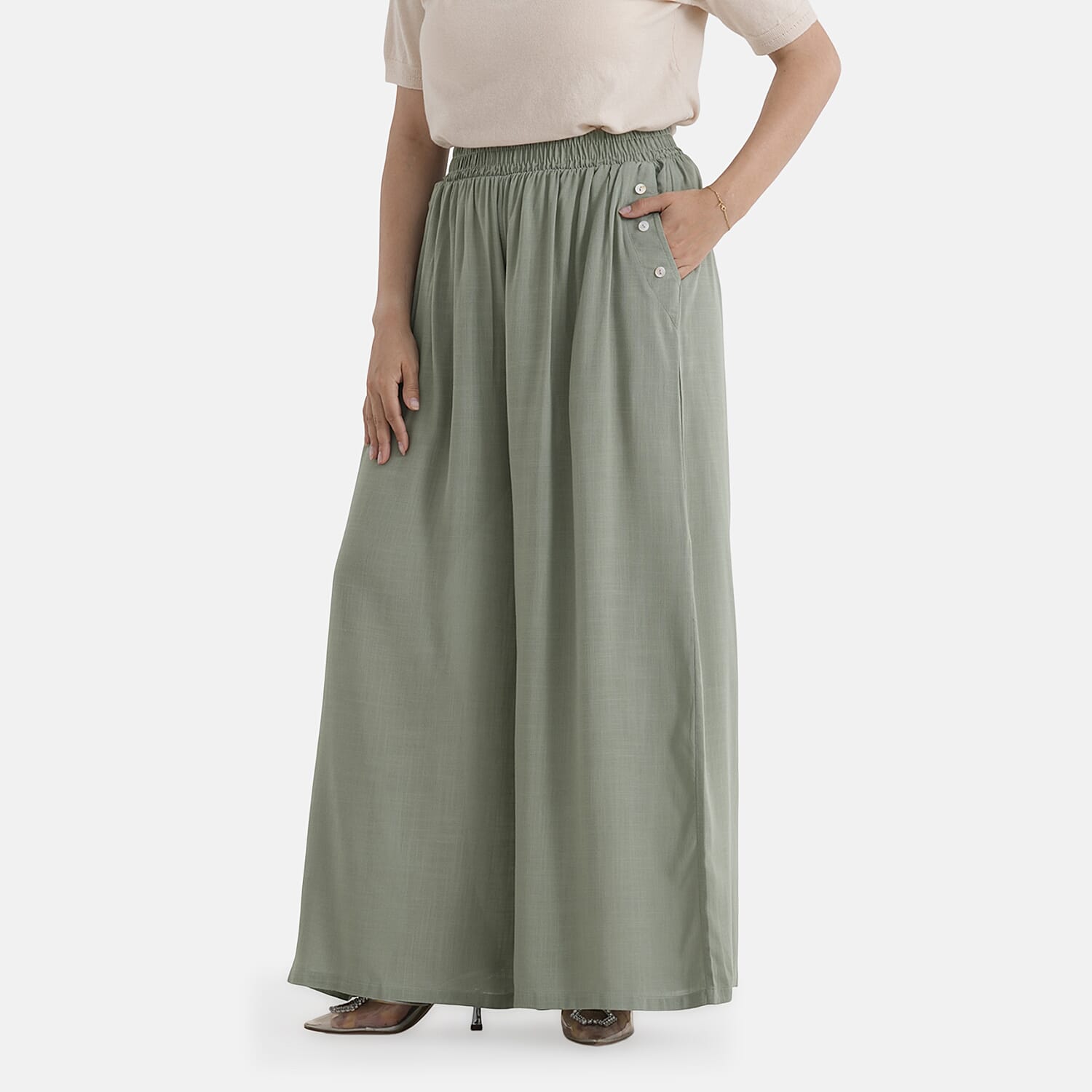 - Maisi Flared Wide-Leg Trousers with Elasticated Waist (One Size) - Green