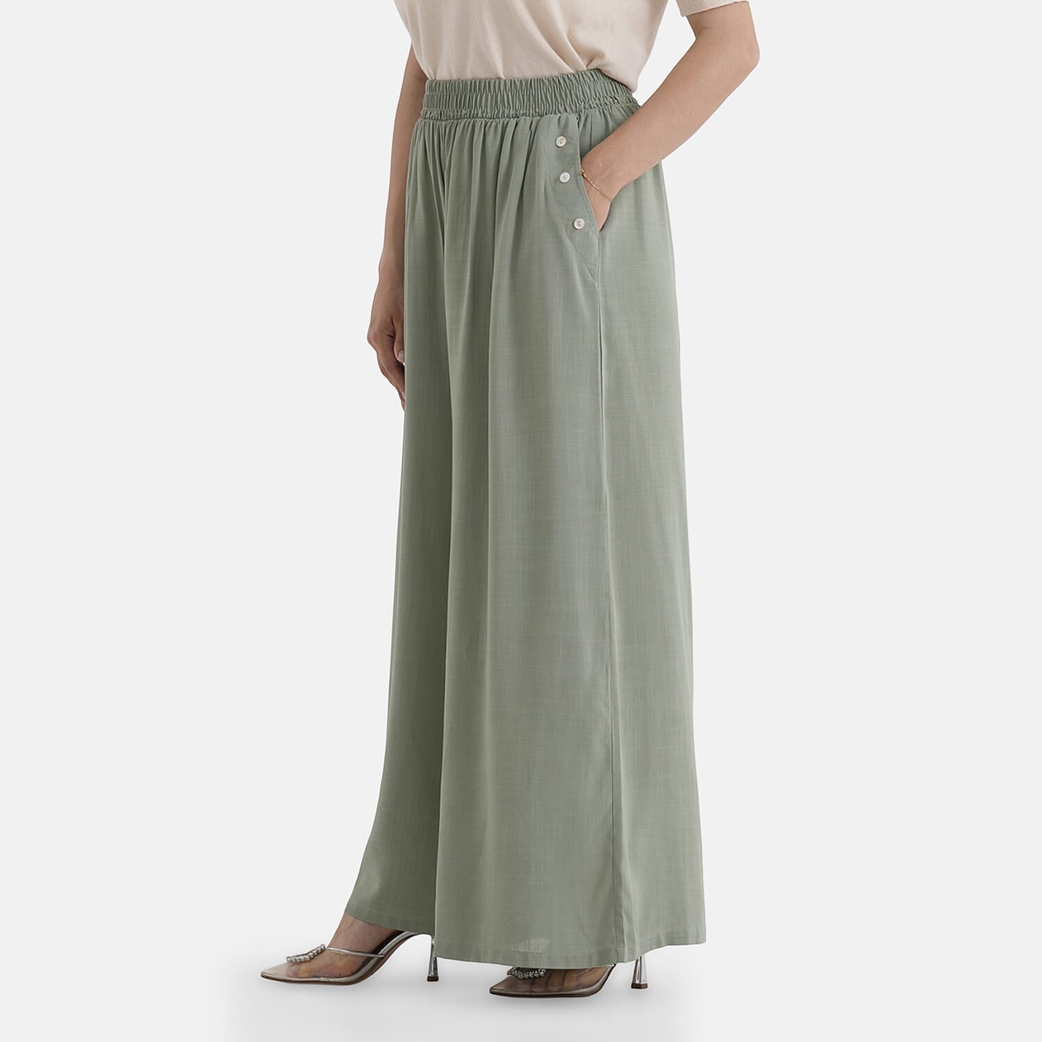 - Maisi Flared Wide-Leg Trousers with Elasticated Waist (One Size) - Green