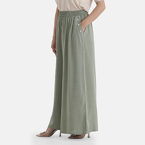 - Maisi Elasticated Waist Wide Leg Flared Trousers (One Size) - Green