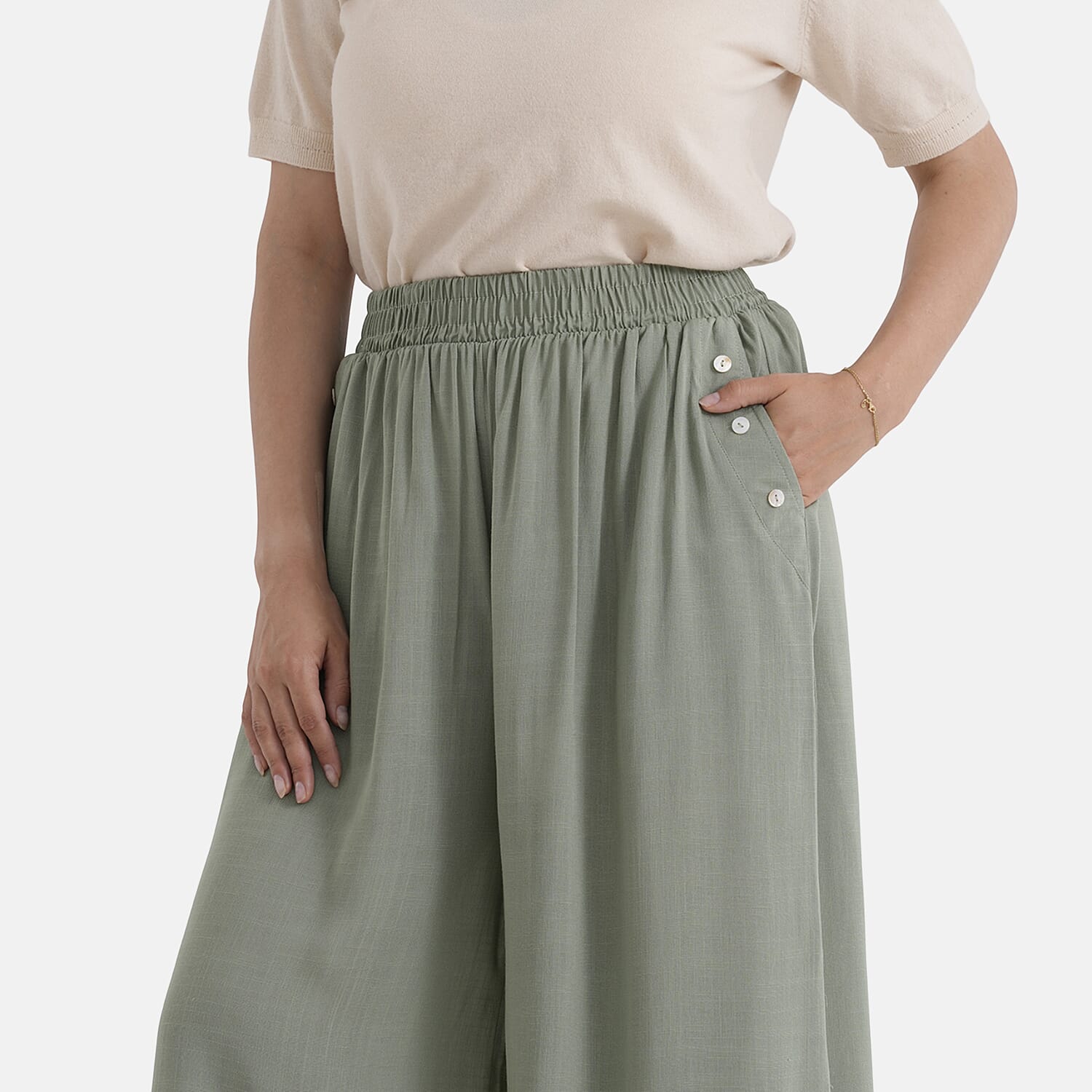 - Maisi Flared Wide-Leg Trousers with Elasticated Waist (One Size) - Green