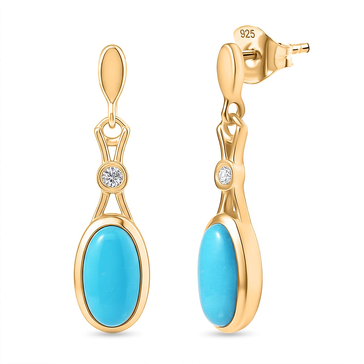 D'Joy Sleeping Beauty Turquoise & White Zircon Dangling Earring with Push Back in Yellow Gold Plated Sterling Silver 1.19 Ct.