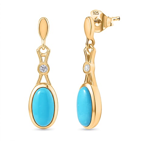 D'Joy Sleeping Beauty Turquoise & White Zircon Dangling Earring with Push Back in Yellow Gold Plated Sterling Silver 1.19 Ct.