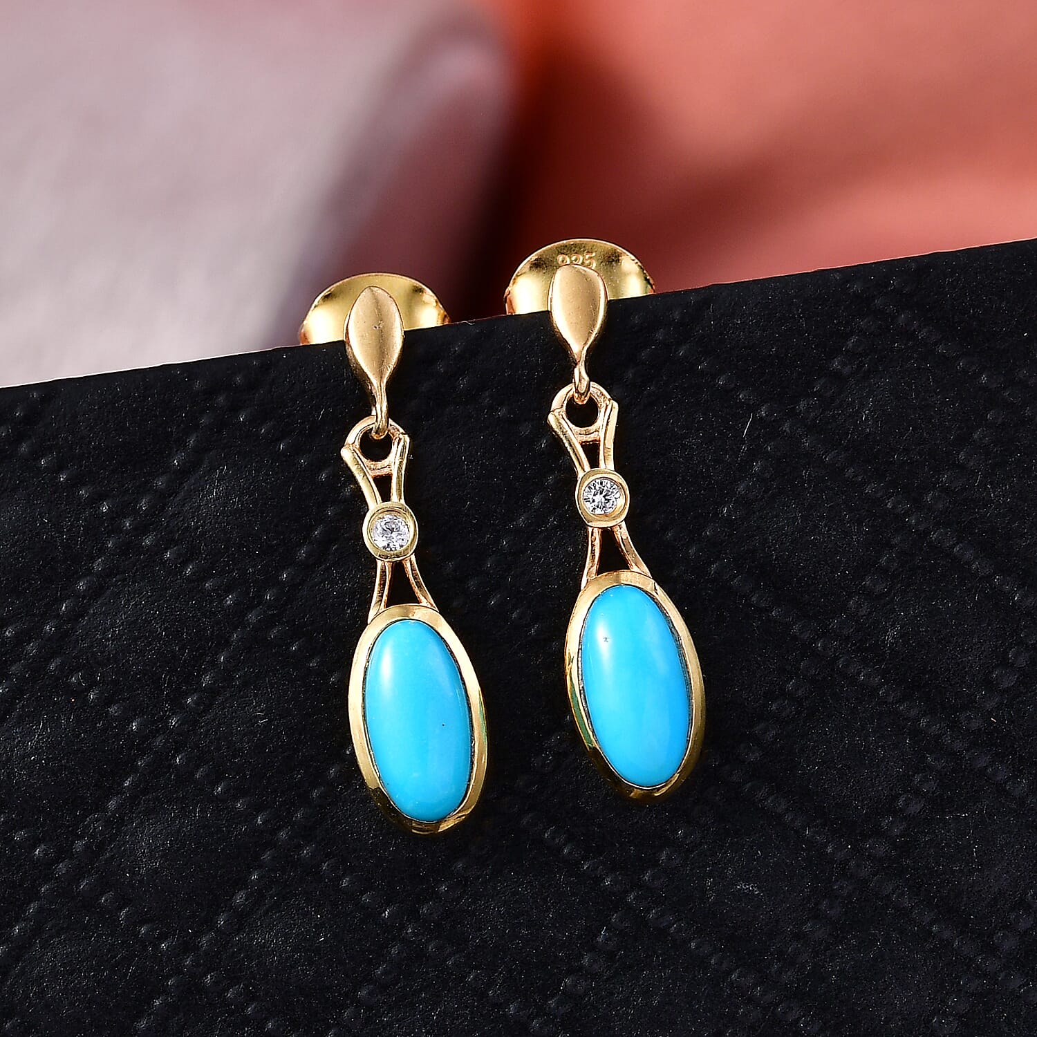 D'Joy Sleeping Beauty Turquoise & White Zircon Dangling Earring with Push Back in Yellow Gold Plated Sterling Silver 1.19 Ct.