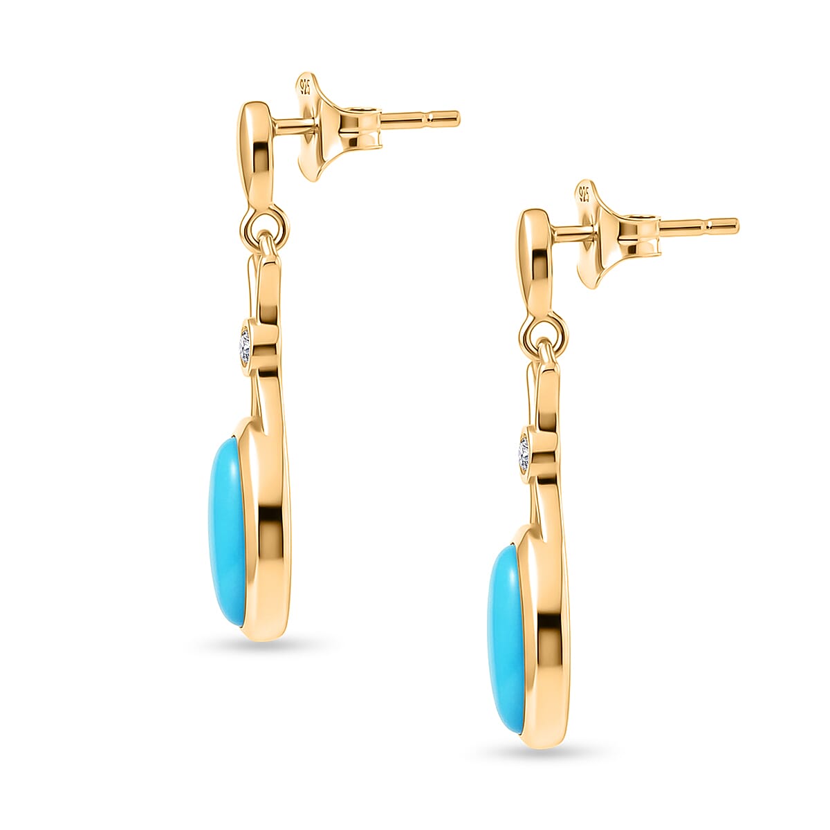 D'Joy Sleeping Beauty Turquoise & White Zircon Dangling Earring with Push Back in Yellow Gold Plated Sterling Silver 1.19 Ct.