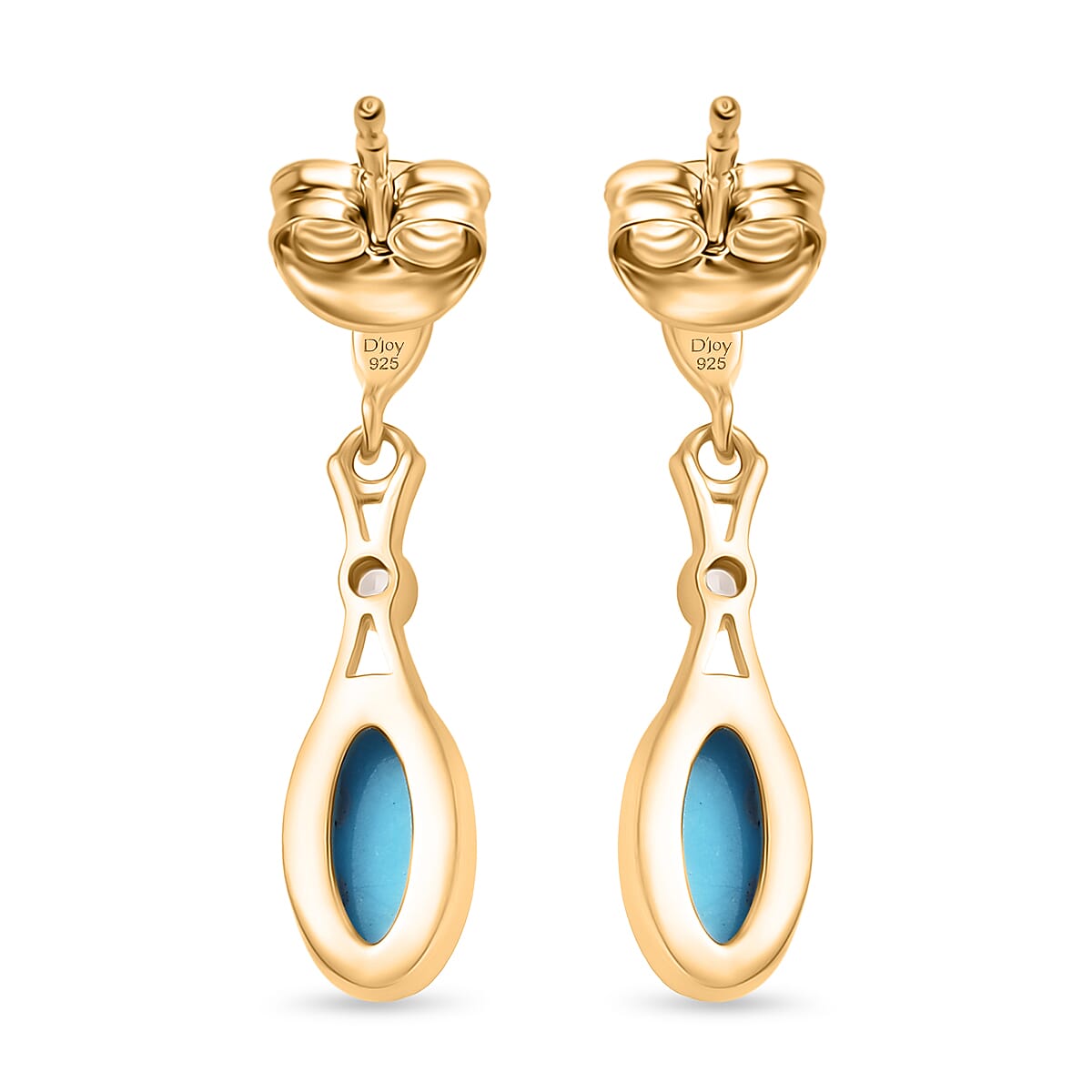 D'Joy Sleeping Beauty Turquoise & White Zircon Dangling Earring with Push Back in Yellow Gold Plated Sterling Silver 1.19 Ct.