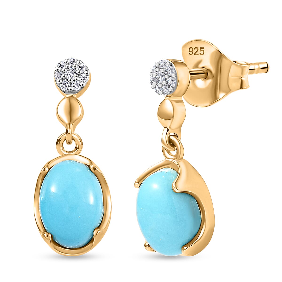 D'Joy Sleeping Beauty Turquoise & White Zircon Dangling Earring with Push Back in Yellow Gold Plated Sterling Silver 1.77 Ct.