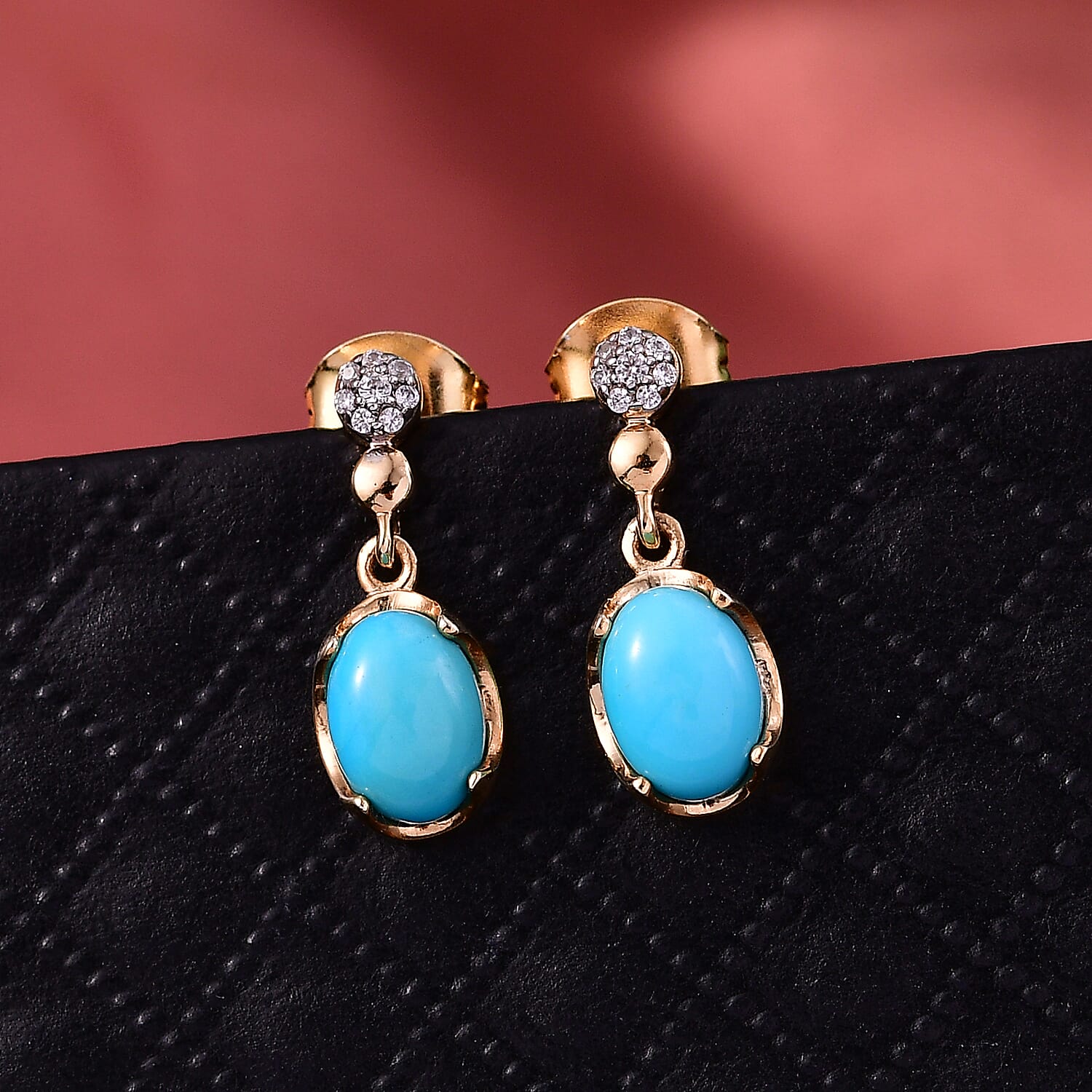 D'Joy Sleeping Beauty Turquoise & White Zircon Dangling Earring with Push Back in Yellow Gold Plated Sterling Silver 1.77 Ct.