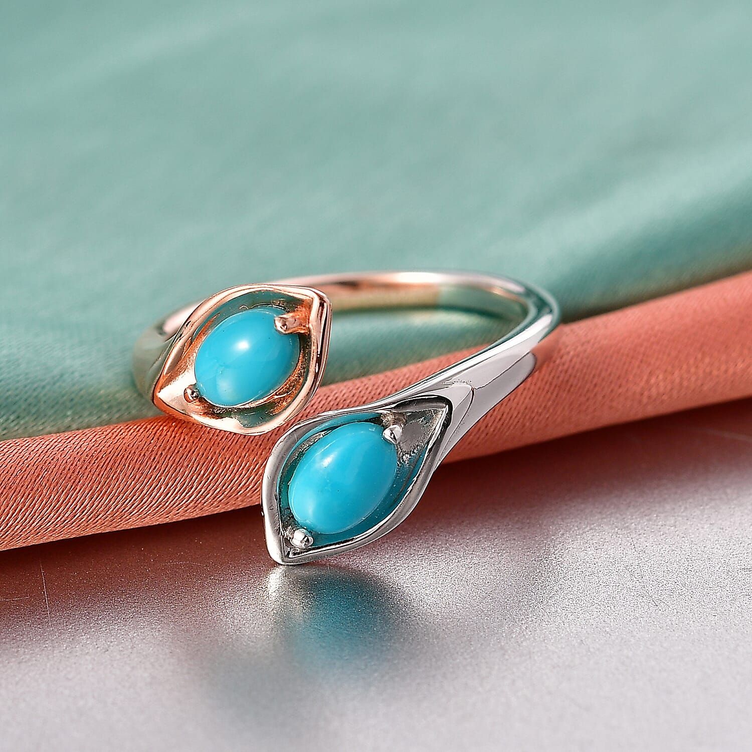 D'Joy Sleeping Beauty Turquoise Bypass Ring in Rose Gold Plated & Platinum Overlay Sterling Silver 0.93 Ct.