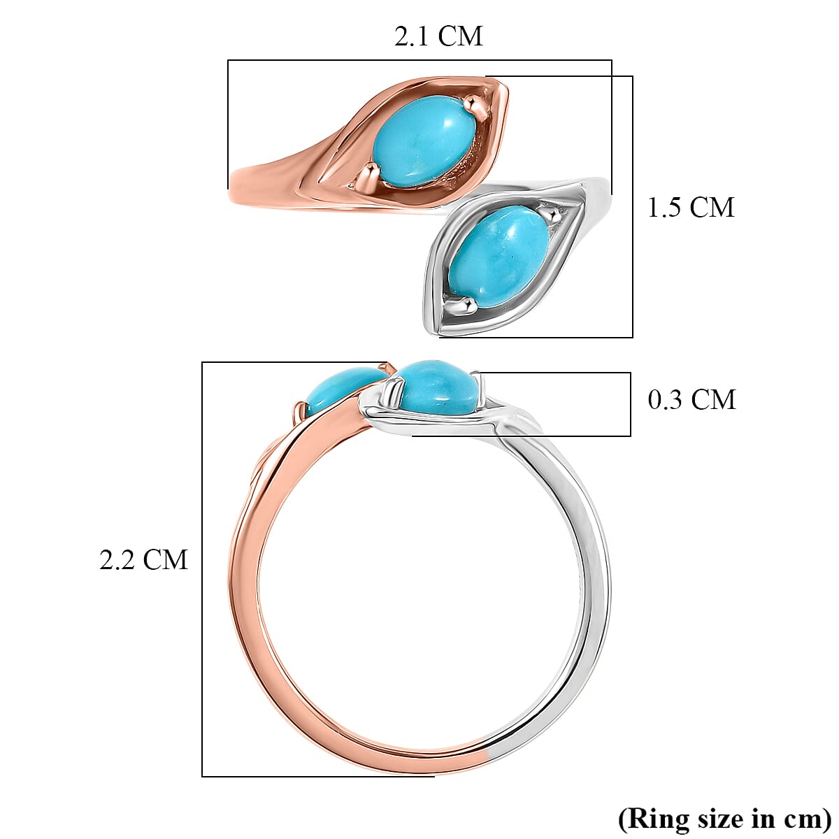 D'Joy Sleeping Beauty Turquoise Bypass Ring in Rose Gold Plated & Platinum Overlay Sterling Silver 0.93 Ct.