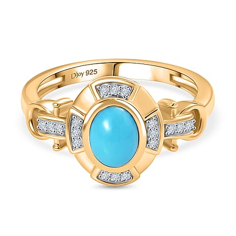 D'Joy Sleeping Beauty Turquoise & White Zircon Cabochon Halo Ring in Yellow Gold Plated Sterling Silver 1.00 Ct.