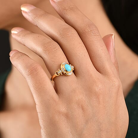 D'Joy Sleeping Beauty Turquoise & White Zircon Cabochon Halo Ring in Yellow Gold Plated Sterling Silver 1.00 Ct.
