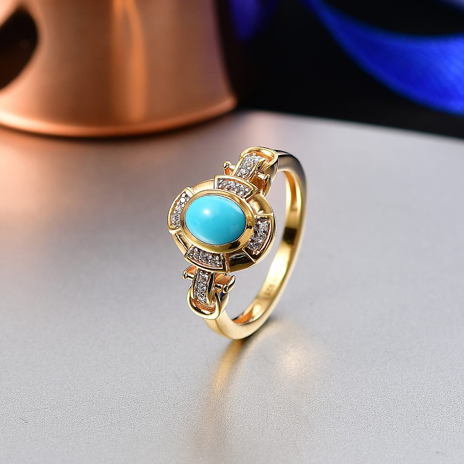 D'Joy Sleeping Beauty Turquoise & White Zircon Cabochon Halo Ring in Yellow Gold Plated Sterling Silver 1.00 Ct.