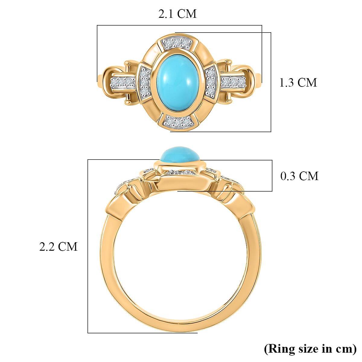 D'Joy Sleeping Beauty Turquoise & White Zircon Cabochon Halo Ring in Yellow Gold Plated Sterling Silver 1.00 Ct.