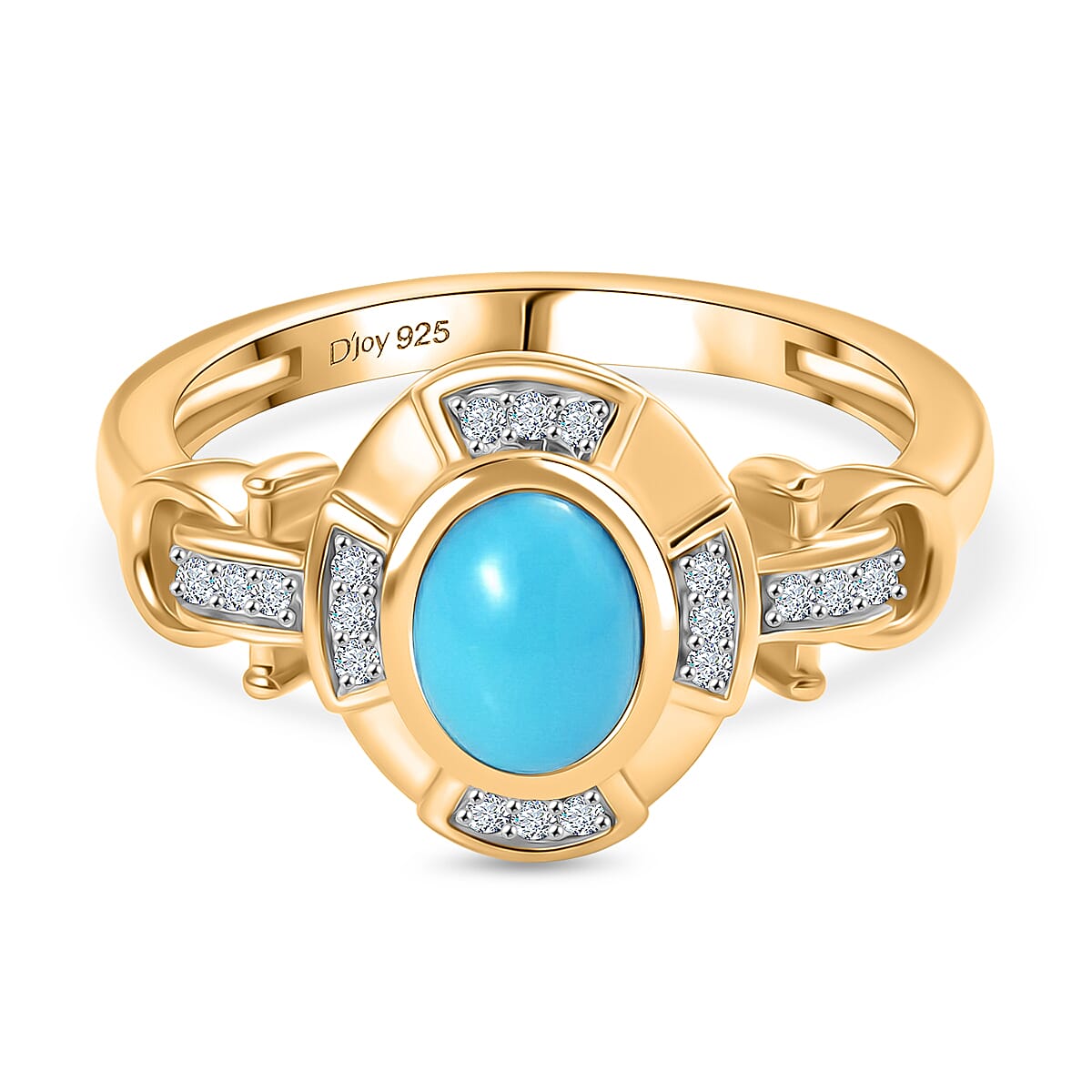 D'Joy Sleeping Beauty Turquoise, White Zircon Halo Ring in Yellow Gold Plated Sterling Silver 1.00 Ct.