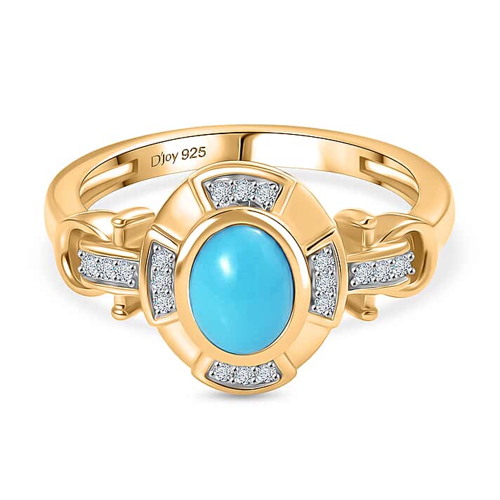 D'Joy Sleeping Beauty Turquoise, White Zircon Halo Ring in Yellow Gold Plated Sterling Silver 1.00 Ct.