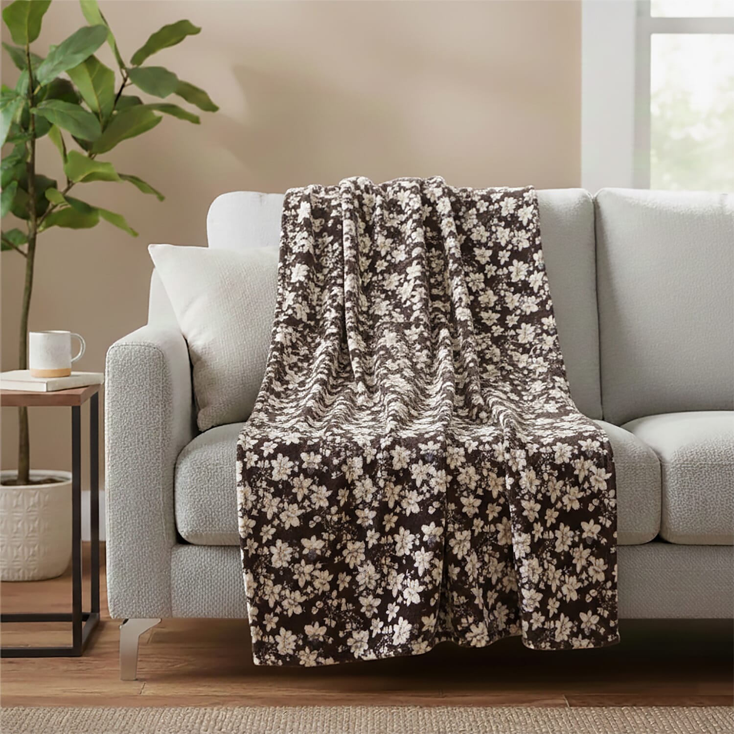Livmore Nature-Inspired Floral Printed Flannel Blanket (220 x 150cm) - Chocolate Brown - White