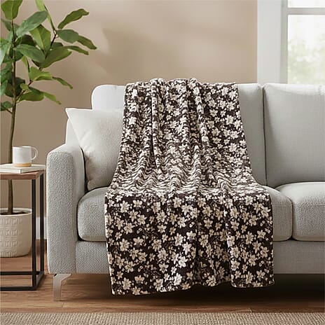 Livmore Nature-Inspired Floral Printed Flannel Blanket (220 x 150cm) - Chocolate Brown - White
