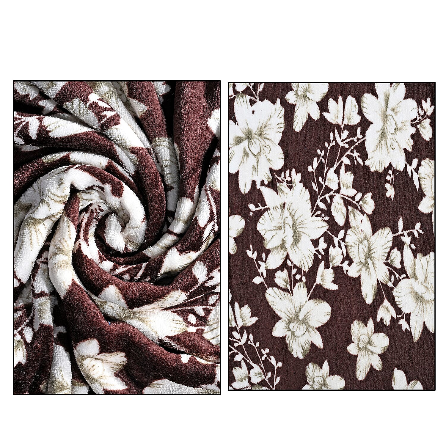 Livmore Nature-Inspired Floral Printed Flannel Blanket (220 x 150cm) - Chocolate Brown - White