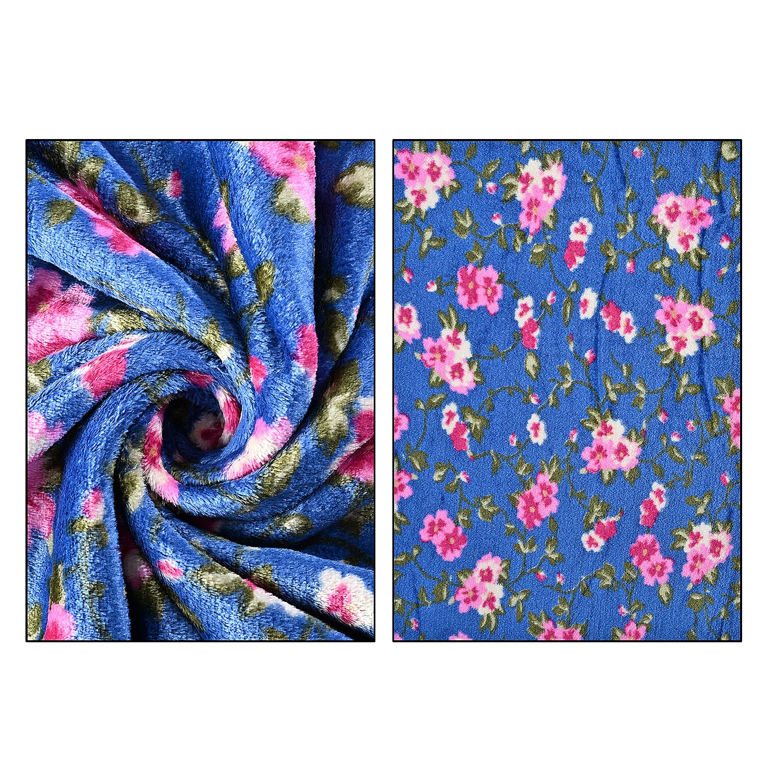 Nature-Inspired Floral Printed Flannel Blanket (220 x 150cm) - Pink - Blue