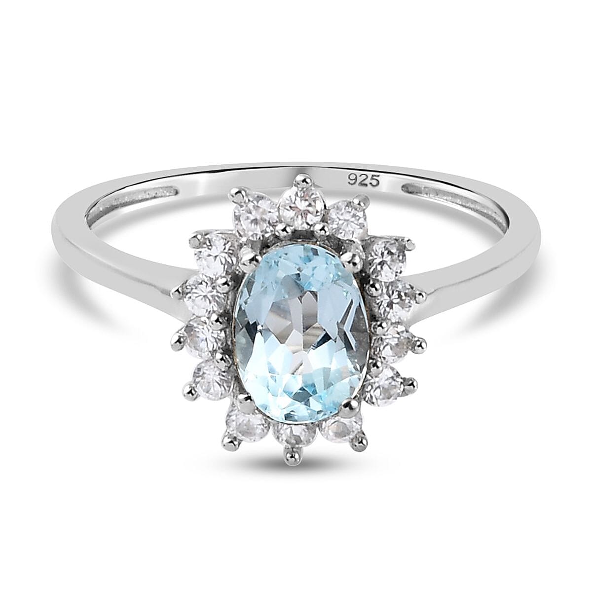 Skyblue Topaz & Natural Zircon Halo Ring in Platinum Overlay Sterling Silver 1.38 Ct.