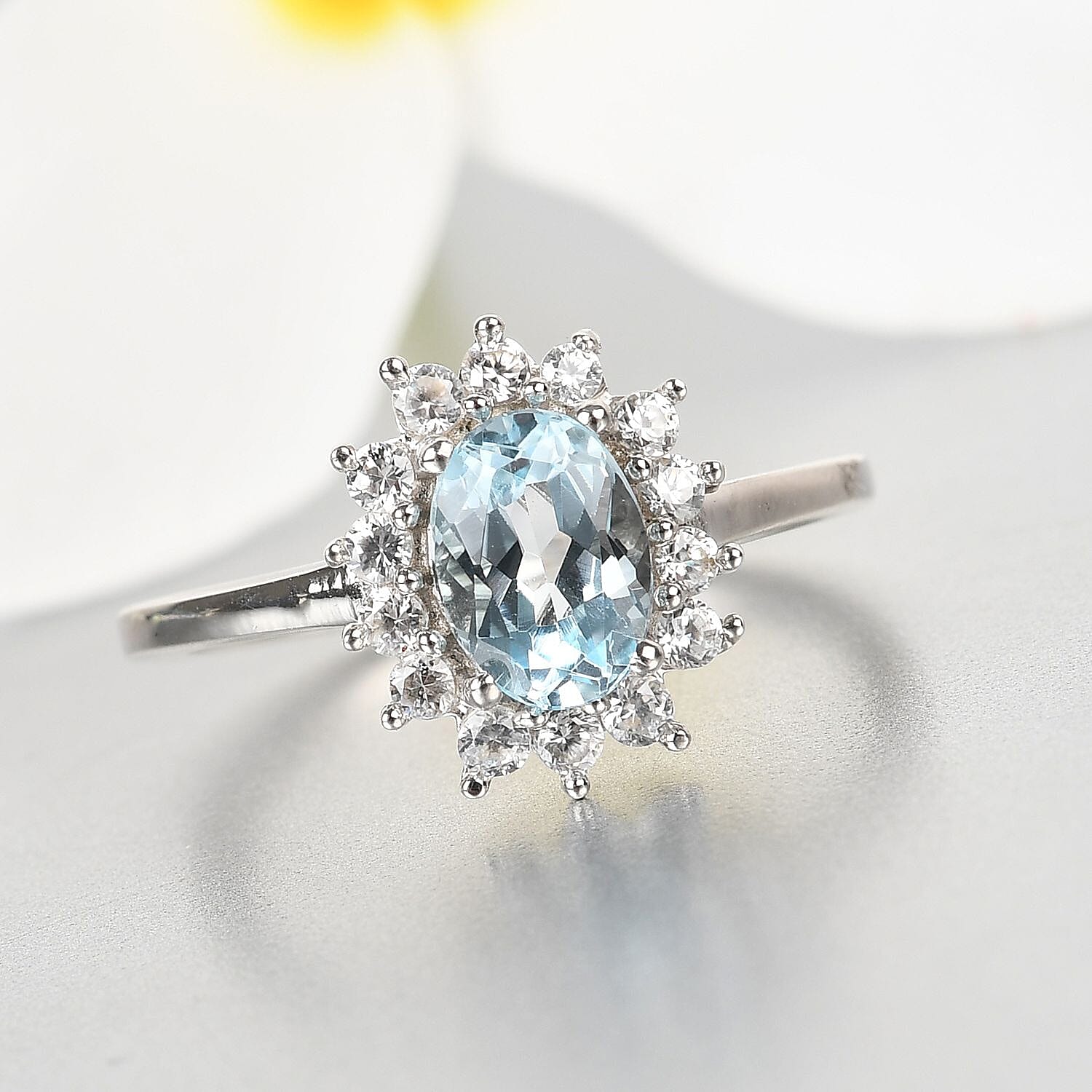 Skyblue Topaz & Natural Zircon Halo Ring in Platinum Overlay Sterling Silver 1.38 Ct.