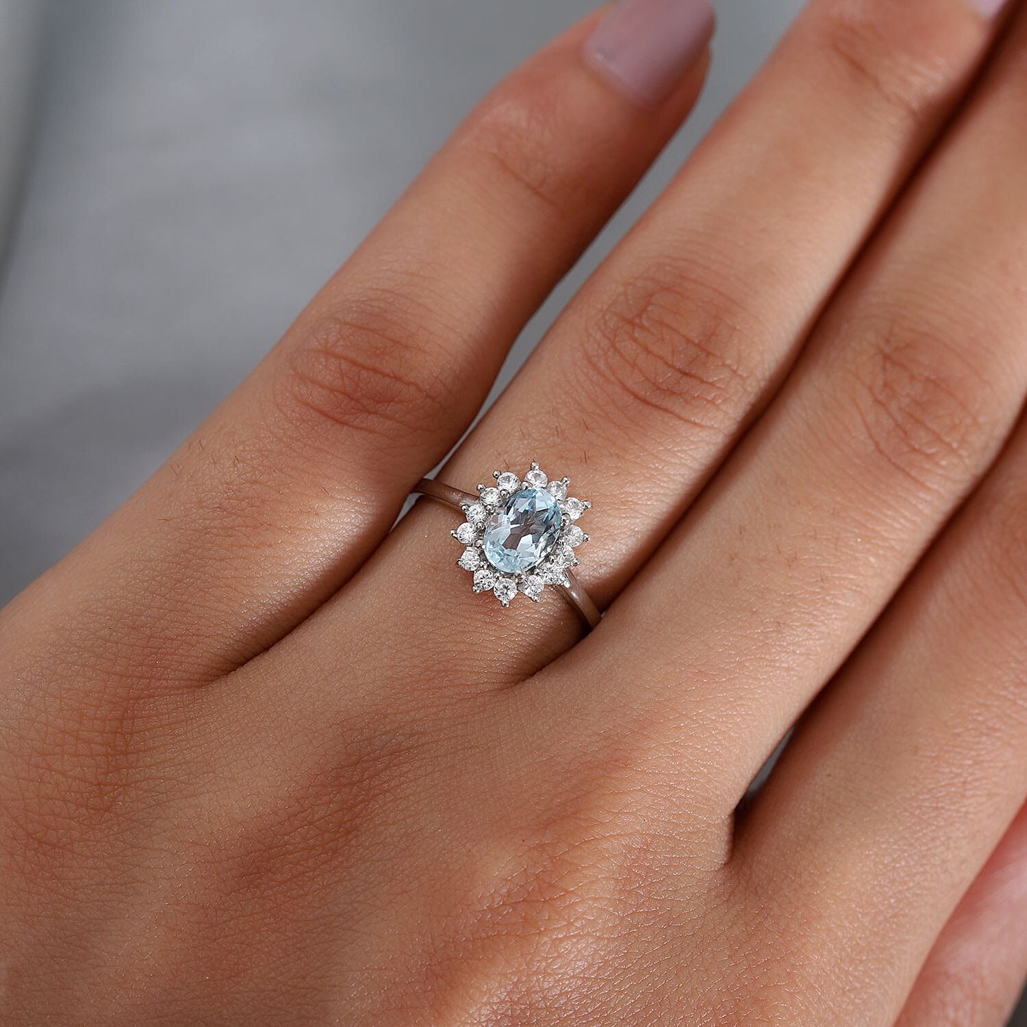 Skyblue Topaz & Natural Zircon Halo Ring in Platinum Overlay Sterling Silver 1.38 Ct.