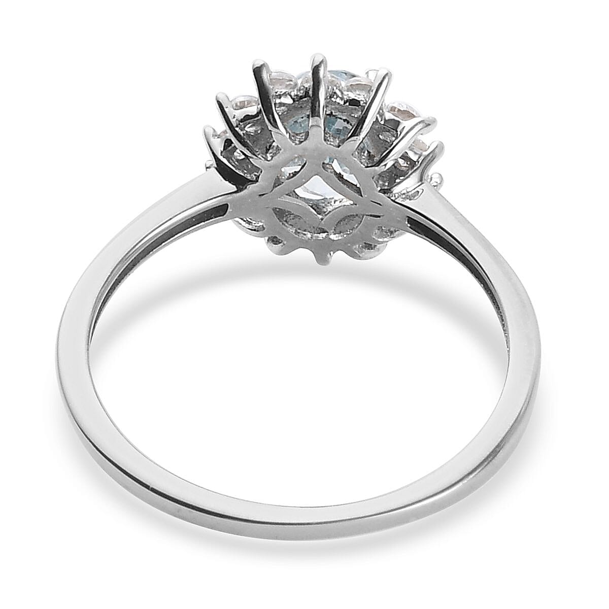 Skyblue Topaz & Natural Zircon Halo Ring in Platinum Overlay Sterling Silver 1.38 Ct.