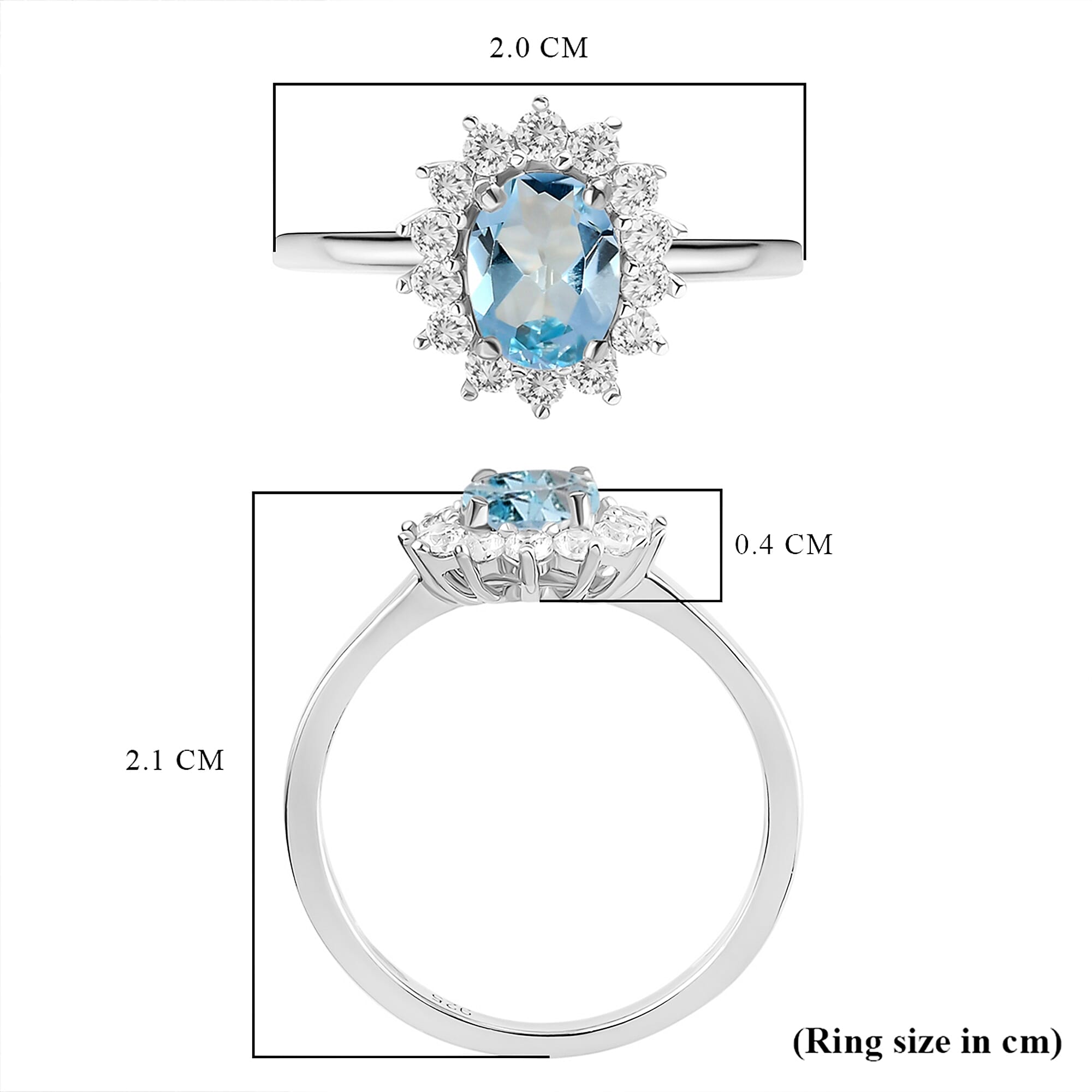 Skyblue Topaz & Natural Zircon Halo Ring in Platinum Overlay Sterling Silver 1.38 Ct.