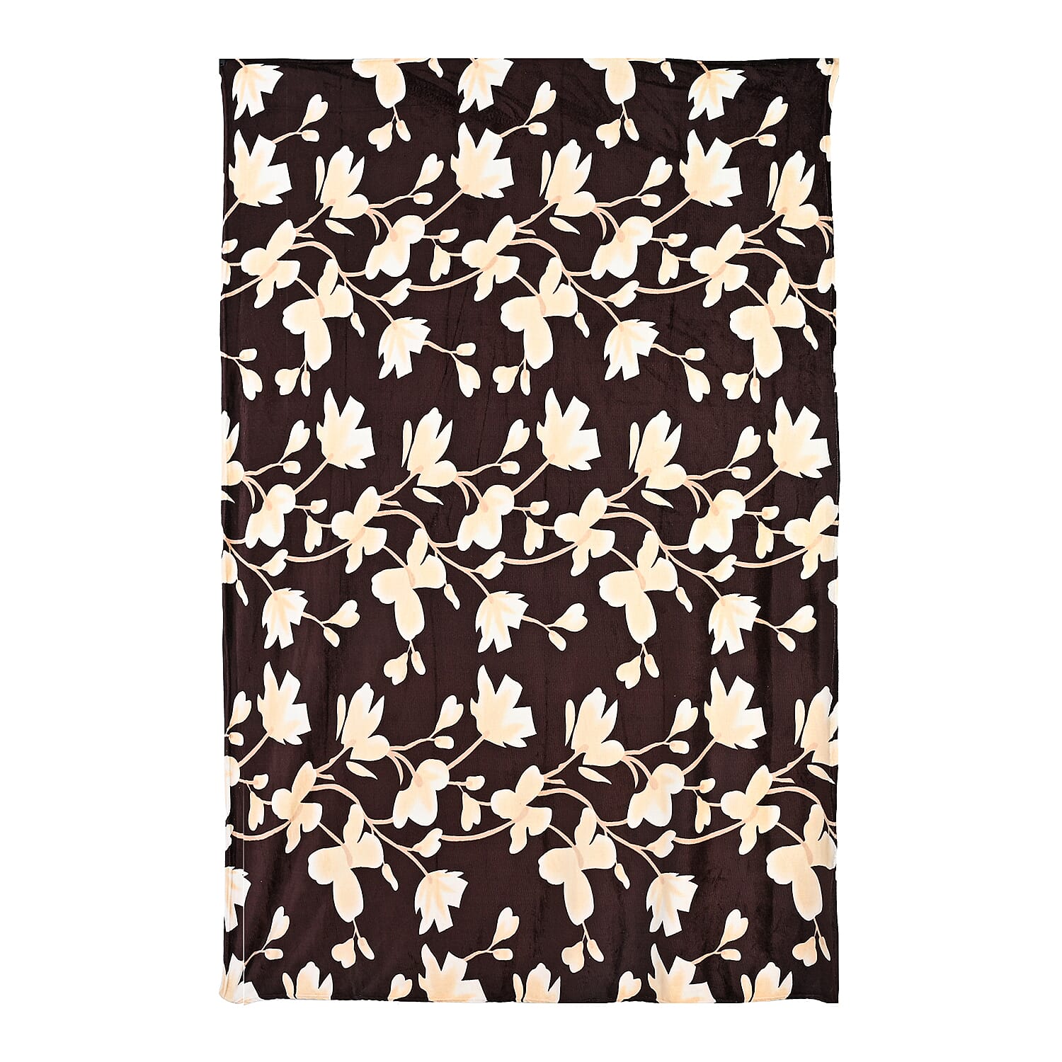 Nature-Inspired Leaf Motif Printed Flannel Blanket (220 x 150cm) - Chocolate Brown - Cream