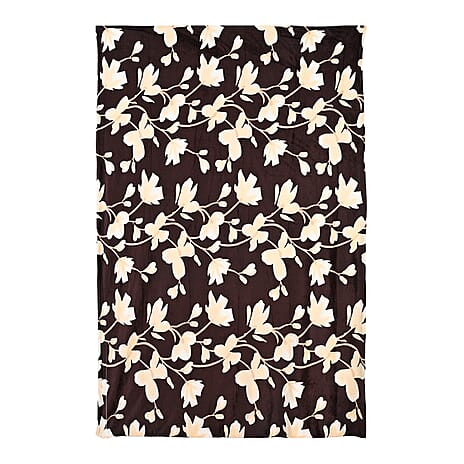 Nature-Inspired Leaf Motif Printed Flannel Blanket (220 x 150cm) - Chocolate Brown - Cream