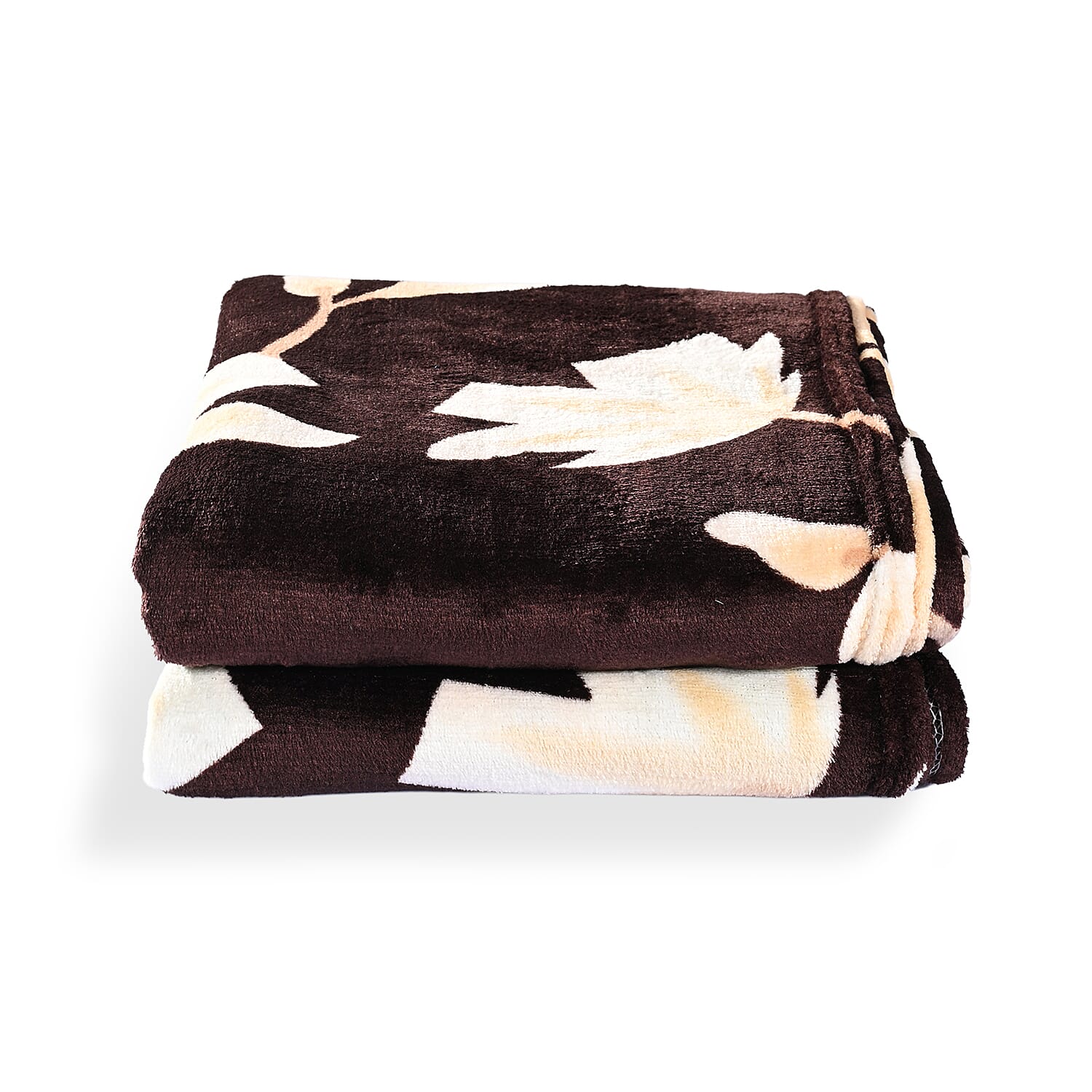 Nature-Inspired Leaf Motif Printed Flannel Blanket (220 x 150cm) - Chocolate Brown - Cream