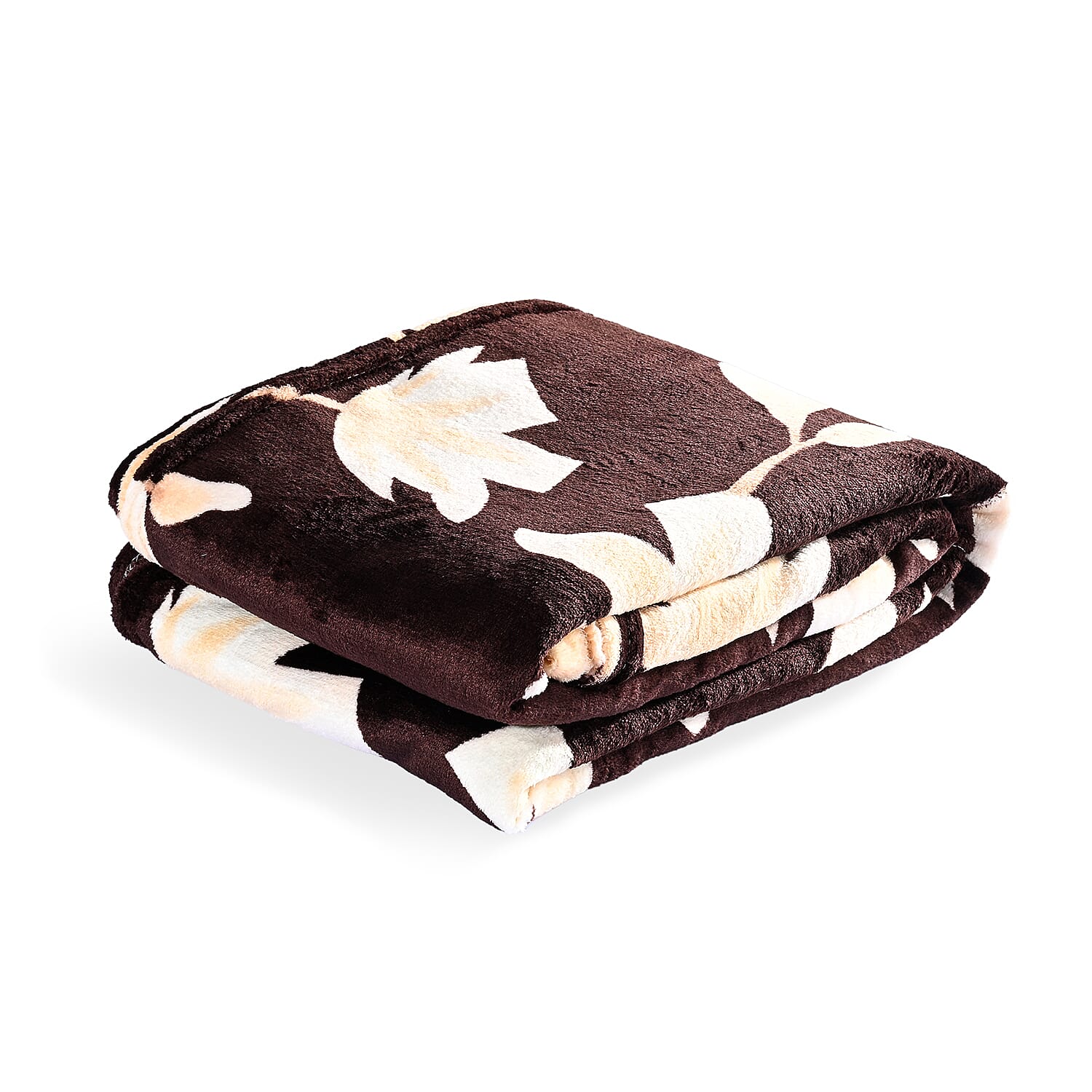 Nature-Inspired Leaf Motif Printed Flannel Blanket (220 x 150cm) - Chocolate Brown - Cream