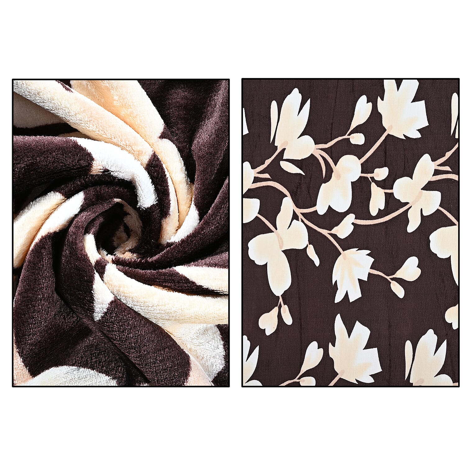 Nature-Inspired Leaf Motif Printed Flannel Blanket (220 x 150cm) - Chocolate Brown - Cream