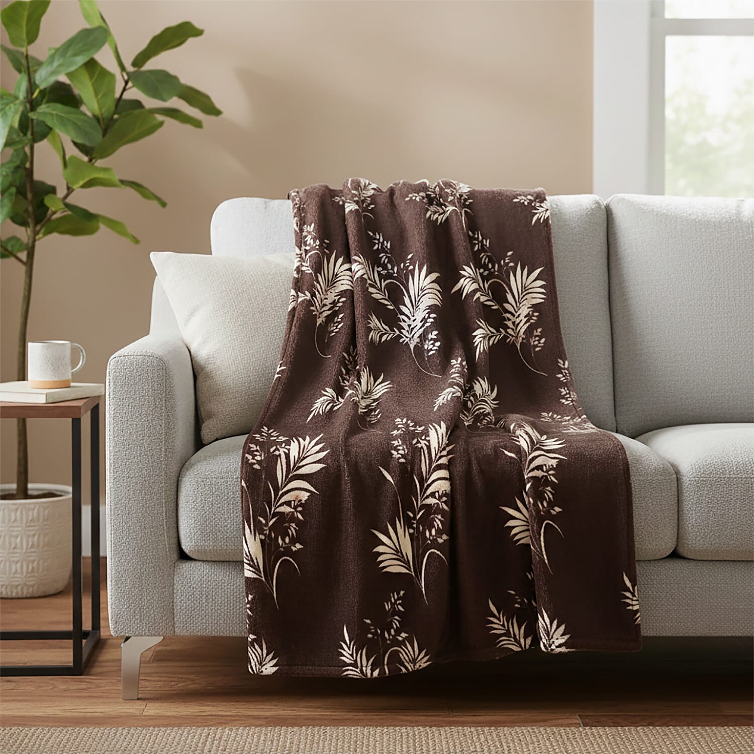 Livmore Nature-Inspired Leaf - Floral Motif Printed Flannel Blanket (220 x 150cm) - Chocolate Brown - Beige