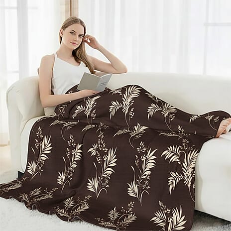 Nature-Inspired Leaf - Floral Motif Printed Flannel Blanket (200 x 150cm) - Chocolate Brown - Beige