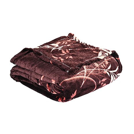 Nature-Inspired Leaf - Floral Motif Printed Flannel Blanket (200 x 150cm) - Chocolate Brown - Beige