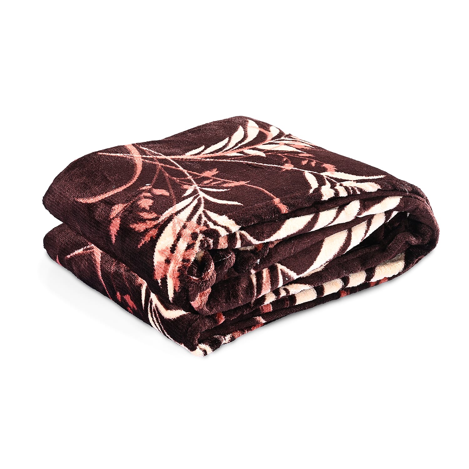 Livmore Nature-Inspired Leaf - Floral Motif Printed Flannel Blanket (220 x 150cm) - Chocolate Brown - Beige