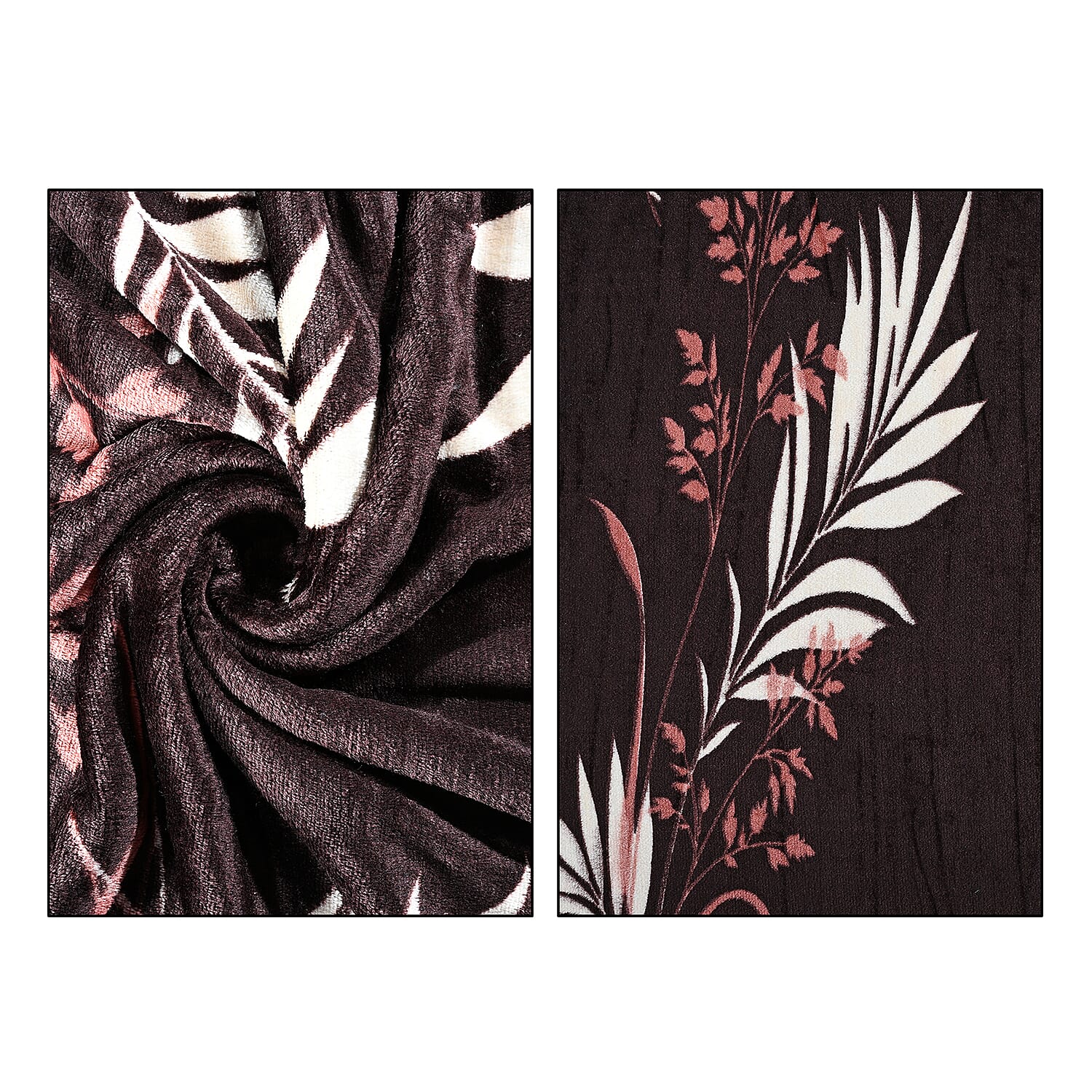 Livmore Nature-Inspired Leaf - Floral Motif Printed Flannel Blanket (220 x 150cm) - Chocolate Brown - Beige