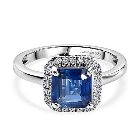Natural Kyanite & SI-G-H Lab Grown Diamond Halo Ring in Rhodium Overlay Sterling Silver 2.13 Ct.