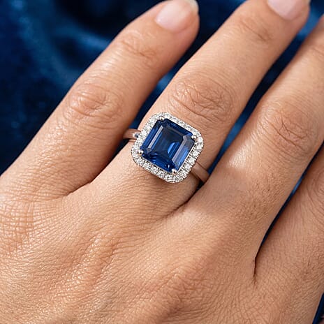Natural Kyanite & SI-G-H Lab Grown Diamond Halo Ring in Rhodium Overlay Sterling Silver 2.13 Ct.